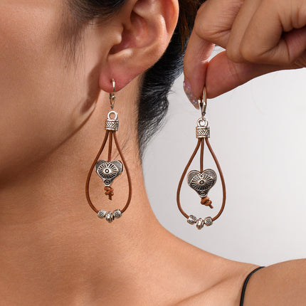 Vintage Earrings Ethnic Style Antique Silver Flower Turquoise Rope Pendant Women's Jewelry