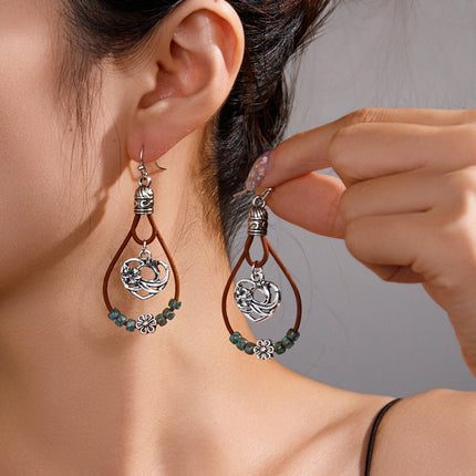 Vintage Earrings Ethnic Style Antique Silver Flower Turquoise Rope Pendant Women's Jewelry