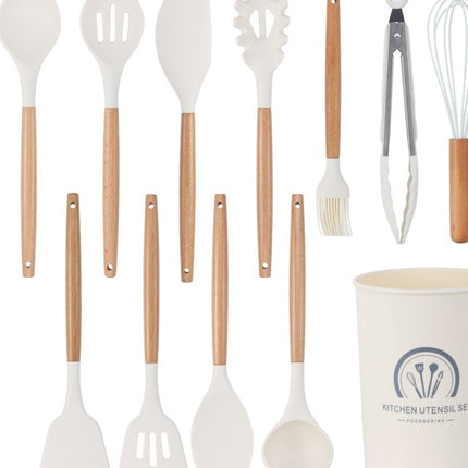 Milky White Wooden Handle Silicone Kitchenware 11-piece Non-stick Pan