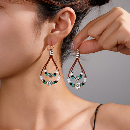 Vintage Earrings Ethnic Style Antique Silver Flower Turquoise Rope Pendant Women's Jewelry