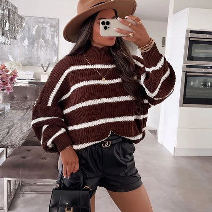 Loose Striped Mock-neck Contrast Color Knitwear Pullover Sweater