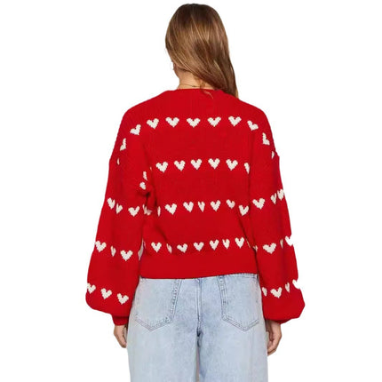Sweet Cute Love Heart Two-tone Jacquard Contrast Color Round Neck Long Sleeve Sweater
