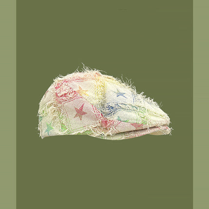 Colorful Plaid Five-pointed Star Advance Hats Women's Korean-style Anti-wear Distressed Edging Beret