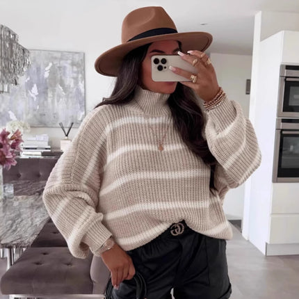 Loose Striped Mock-neck Contrast Color Knitwear Pullover Sweater