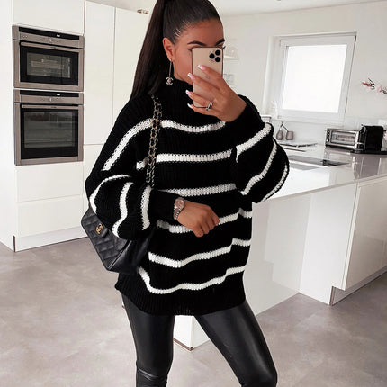 Loose Striped Mock-neck Contrast Color Knitwear Pullover Sweater
