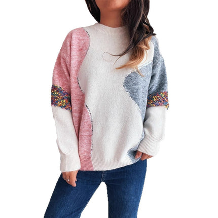 Contrast Color Retro Knitted Round Neck Loose-fitting Women's Sweater