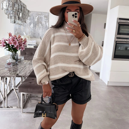 Loose Striped Mock-neck Contrast Color Knitwear Pullover Sweater