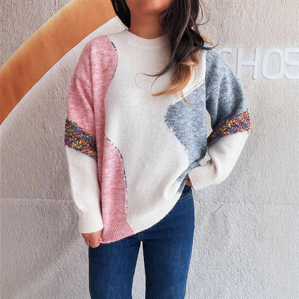 Contrast Color Retro Knitted Round Neck Loose-fitting Women's Sweater