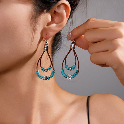 Vintage Earrings Ethnic Style Antique Silver Flower Turquoise Rope Pendant Women's Jewelry