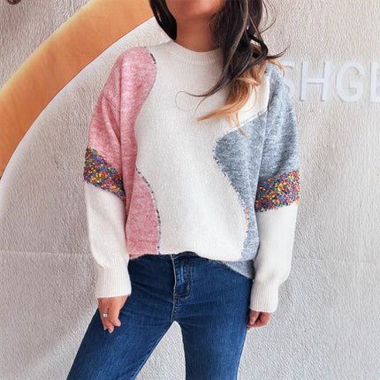 Contrast Color Retro Knitted Round Neck Loose-fitting Women's Sweater