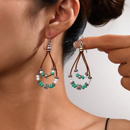 Vintage Earrings Ethnic Style Antique Silver Flower Turquoise Rope Pendant Women's Jewelry