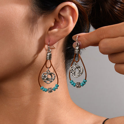 Vintage Earrings Ethnic Style Antique Silver Flower Turquoise Rope Pendant Women's Jewelry