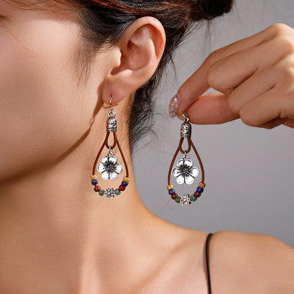 Vintage Earrings Ethnic Style Antique Silver Flower Turquoise Rope Pendant Women's Jewelry