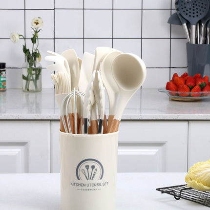 Milky White Wooden Handle Silicone Kitchenware 11-piece Non-stick Pan