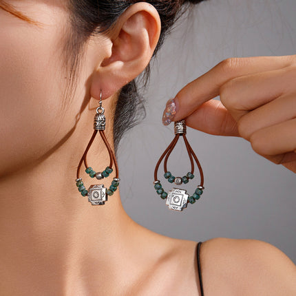 Vintage Earrings Ethnic Style Antique Silver Flower Turquoise Rope Pendant Women's Jewelry