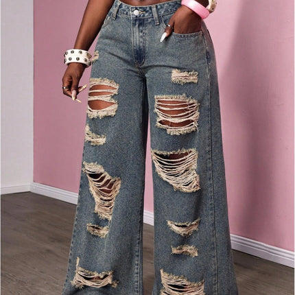 Women's Retro Distressed Kimchi Wide-leg Jeans
