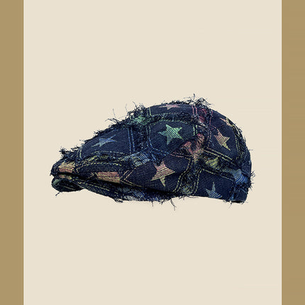 Colorful Plaid Five-pointed Star Advance Hats Women's Korean-style Anti-wear Distressed Edging Beret