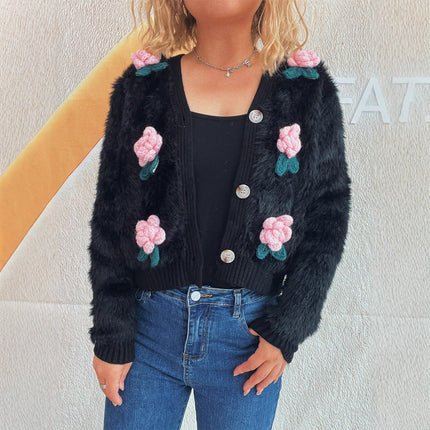 Stitching Three-dimensional Flower Fashion Short Knitted Sweater