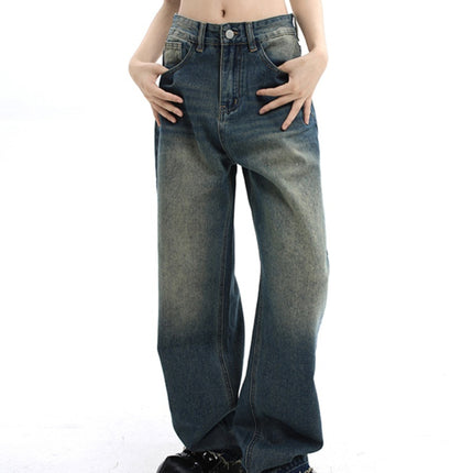 Waisted Straight Tube Retro Jeans With Loose Fitting Wide Leg High Street Mop Pants